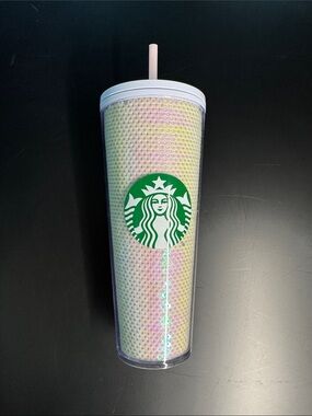 Starbucks Iridescent Pastel Studded Tumbler with Green Logo and Pink Straw - NWT